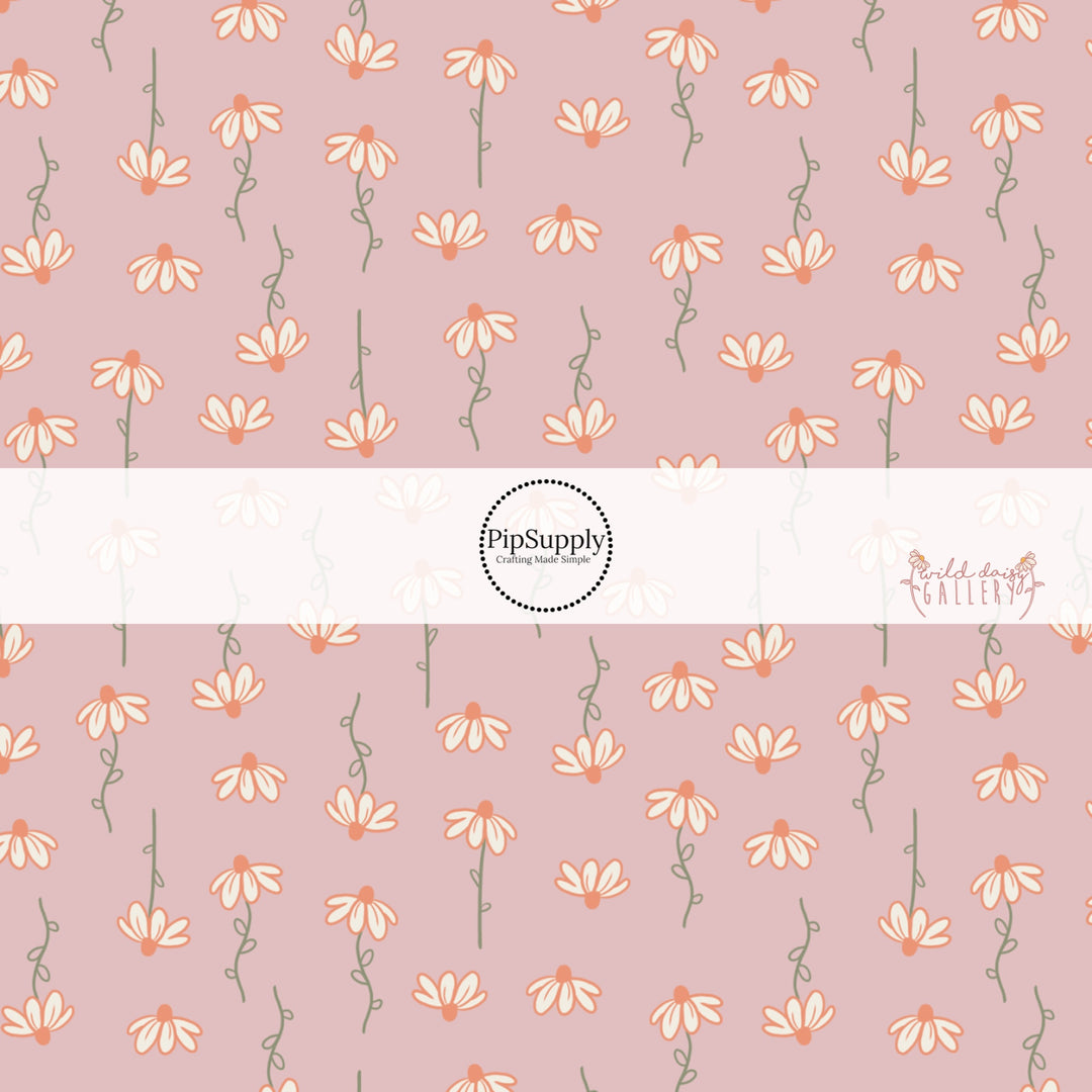 Dusty rose colored fabric by the yard with white daisies on green stems