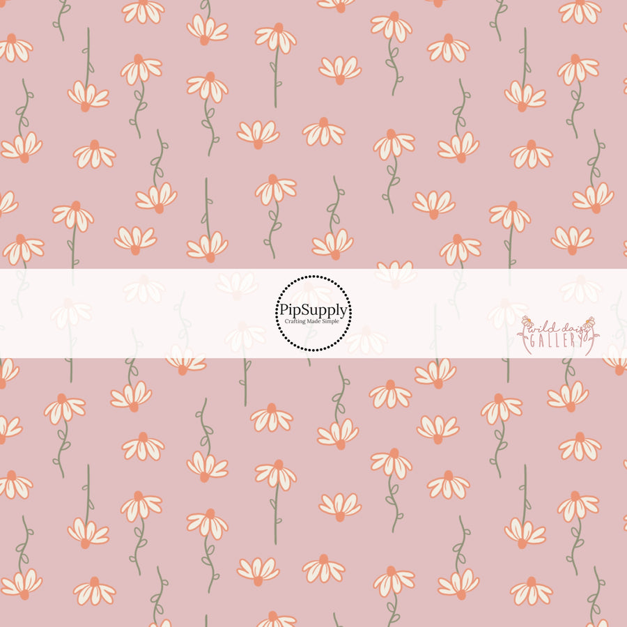 Dusty rose colored fabric by the yard with white daisies on green stems