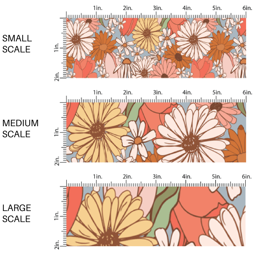 Pink, white, copper, and yellow flowers on blue fabric by the yard scaled image guide