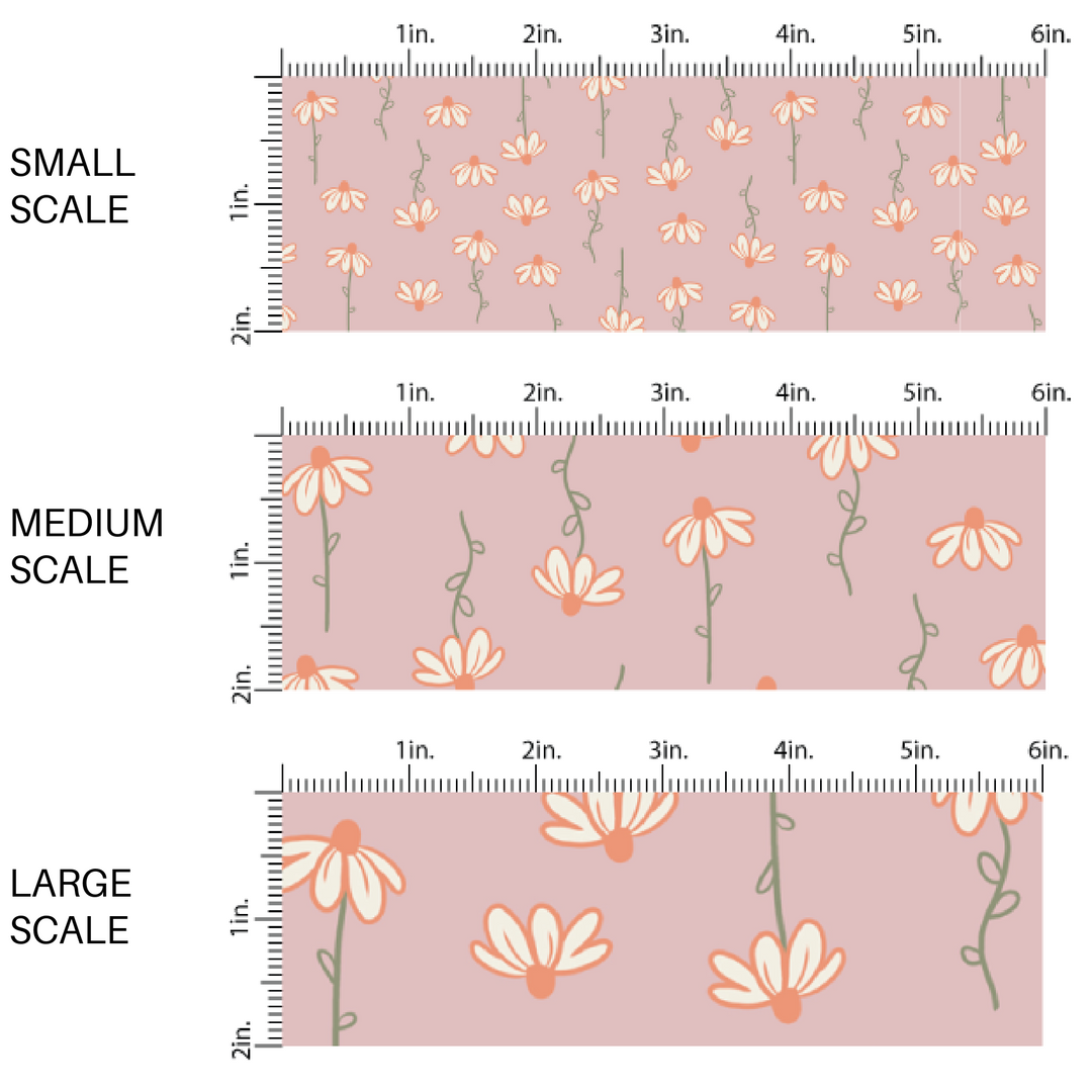 Dusty rose colored fabric by the yard scaled image guide with white daisies on green stems