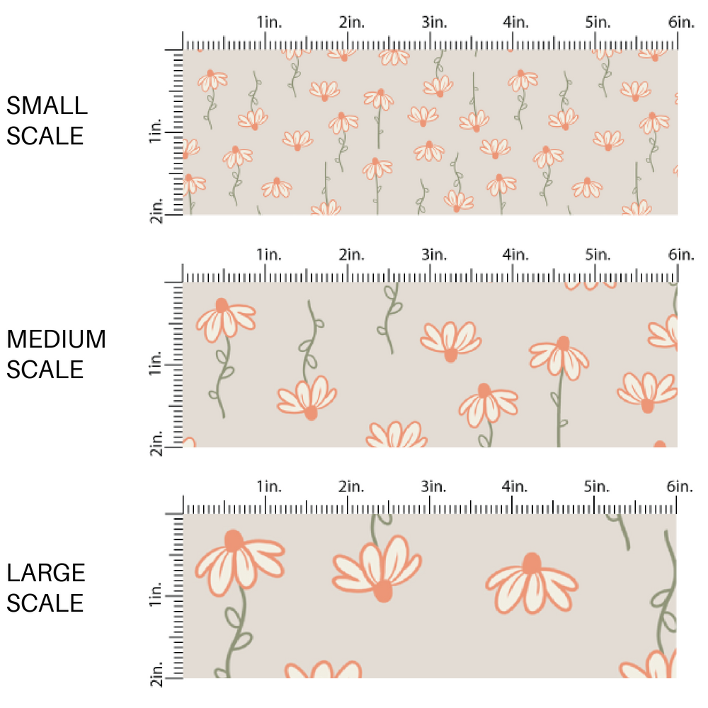 Cream colored fabric by the yard scaled image guide with white daisies on green stems