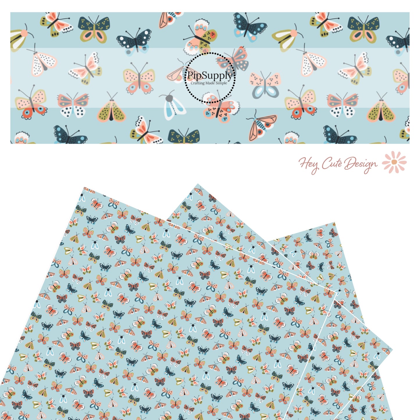 Light blue and colorful butterfly combination faux leather sheet.