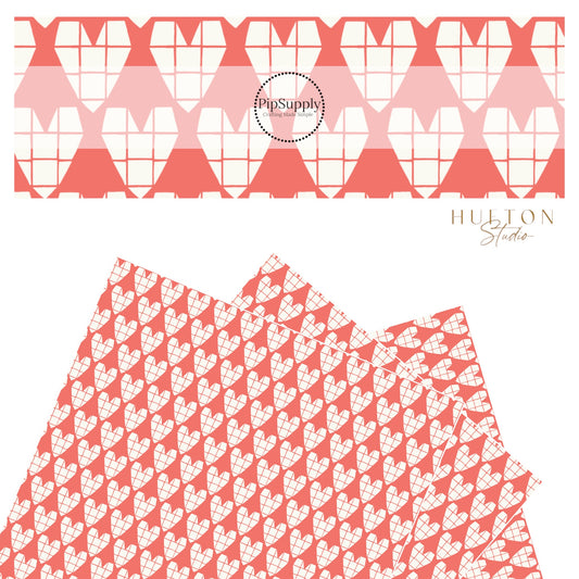 White hearts made by squares on a coral faux leather sheet