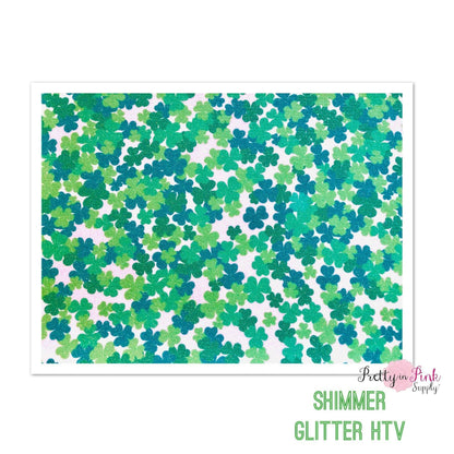 Shimmer glitter heat transfer vinyl sheet with Green shamrock St. Patrick's Day pattern.
