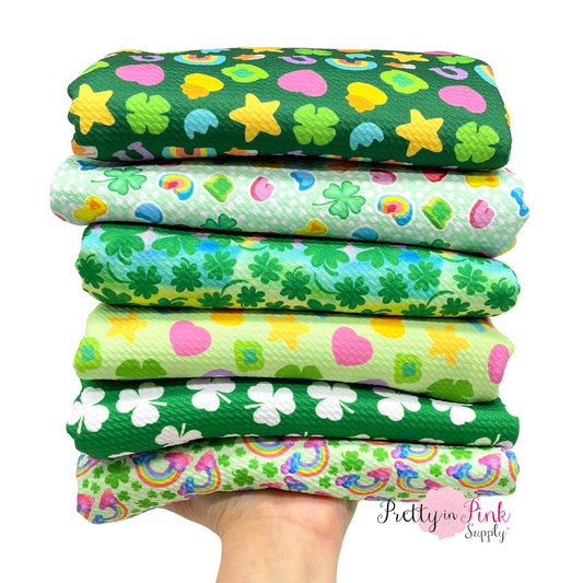 St. Patrick's Day patterned liverpool soft stretch fabric collection.