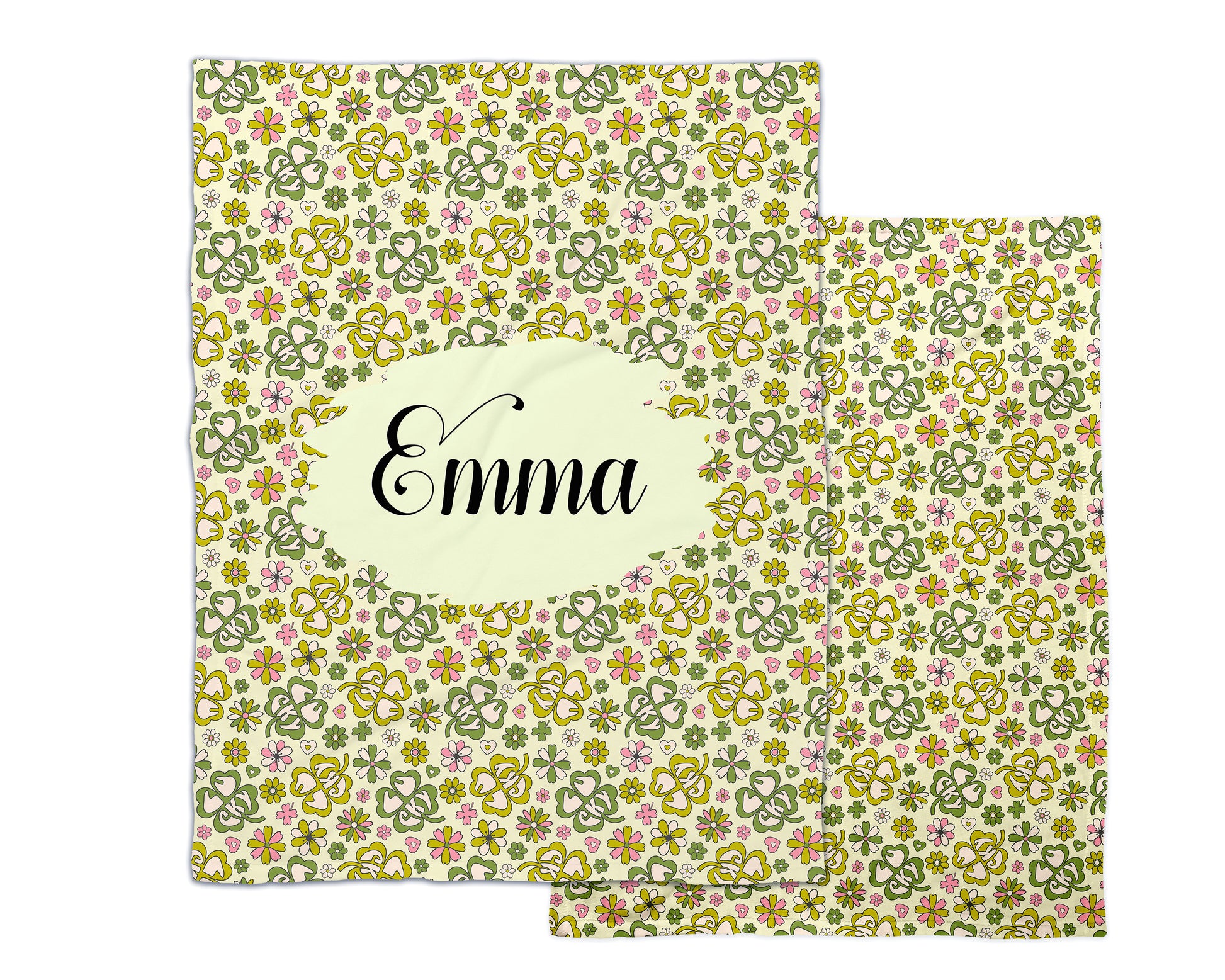 Camila Prints St Patrick's Day patterned fleece blankets with customizable name.
