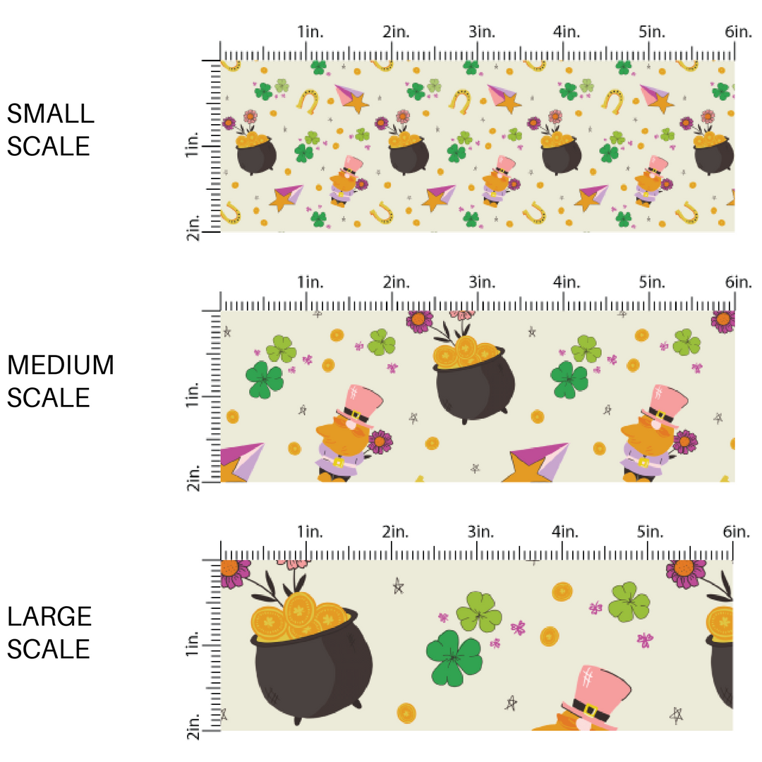 Cream Scaled Fabric by the yard image guide with leprechauns, pots of gold coins, clovers, flowers and shooting stars