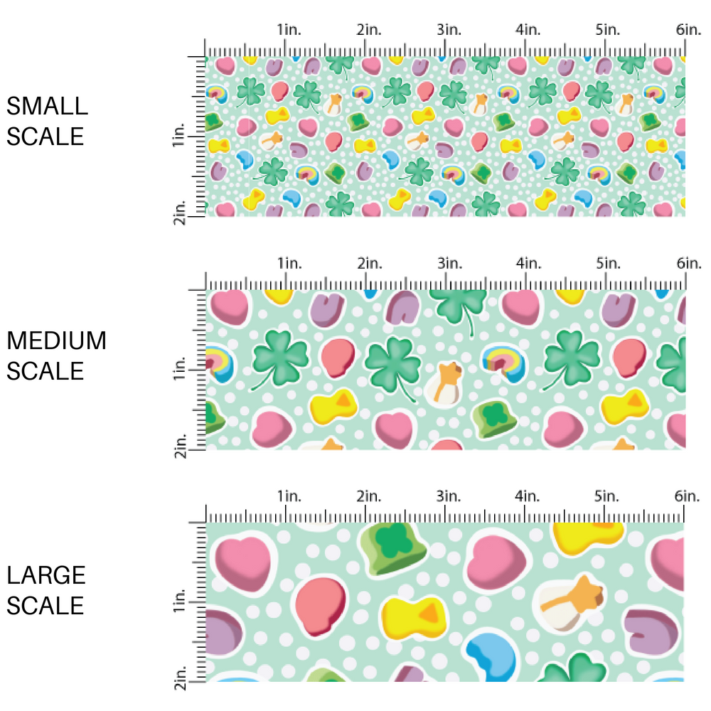 Light aqua fabric by the yard scaled image guide with marshmallows, polka dots, and green clovers