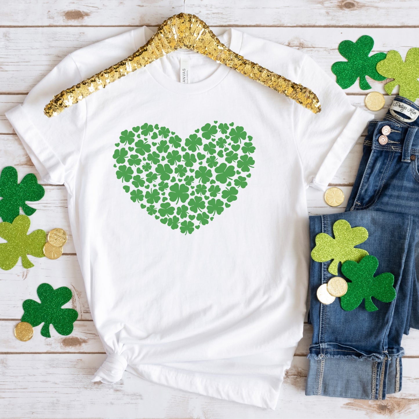 Green four leaf clovers in the shape of a heart iron on heat transfer
