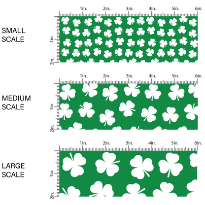 Green fabric by the yard scaled image guide with scattered white clovers