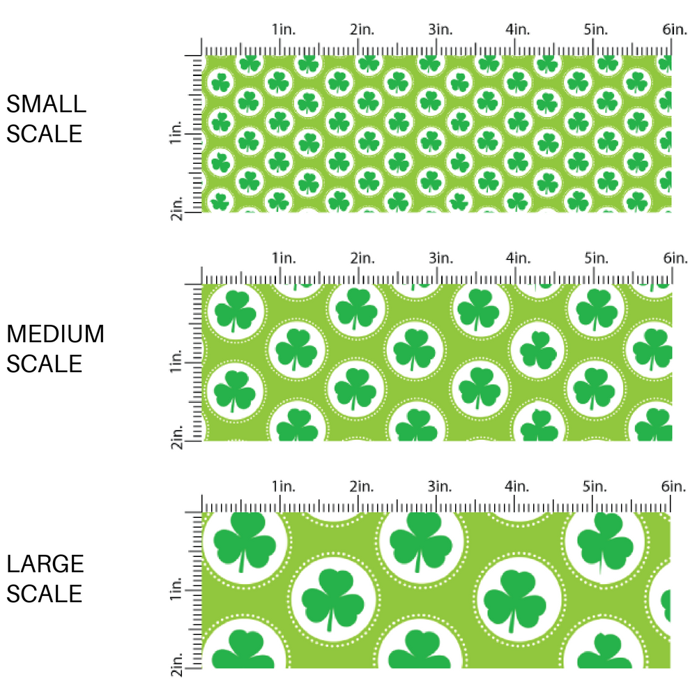 Bright Green fabric by the yard scaled image guide with green shamrocks and white polka dots