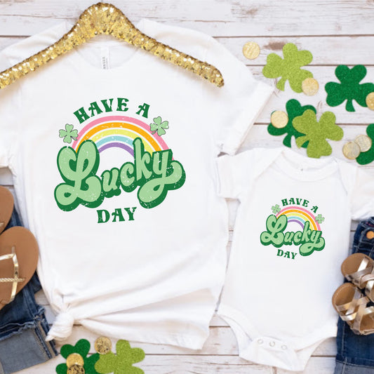 St. Patricks Day Iron on Heat Transfer - DTF - Sublimation - Have a lucky day - Rainbow and shamrocks Iron on Transfers 