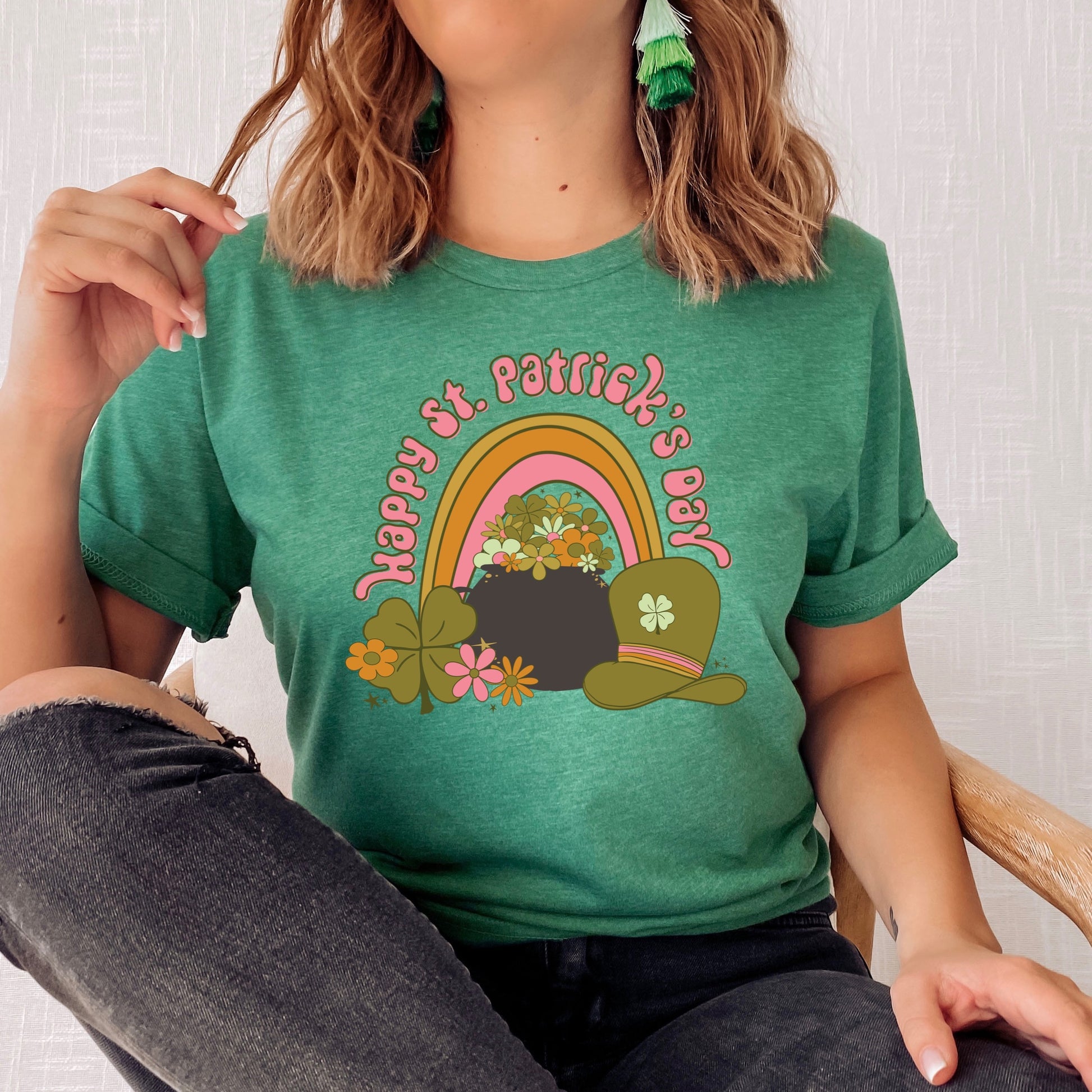 Festive St. Patrick's Day iron on heat transfer with rainbows, clovers, and flowers 