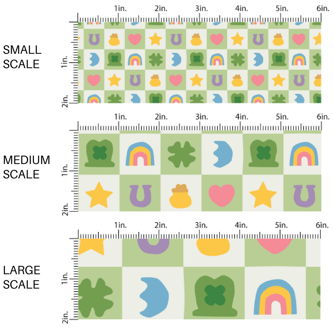 Green Checkered Fabric by the yard scaled image guide with hearts, stars, rainbows, and pots of gold