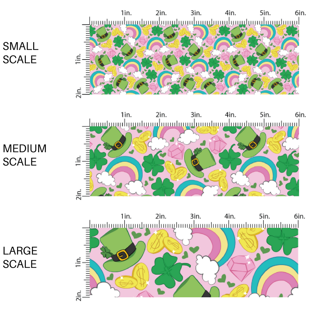 pink fabric by the yard scaled image guide with gold coins, clovers, and leprechaun hats