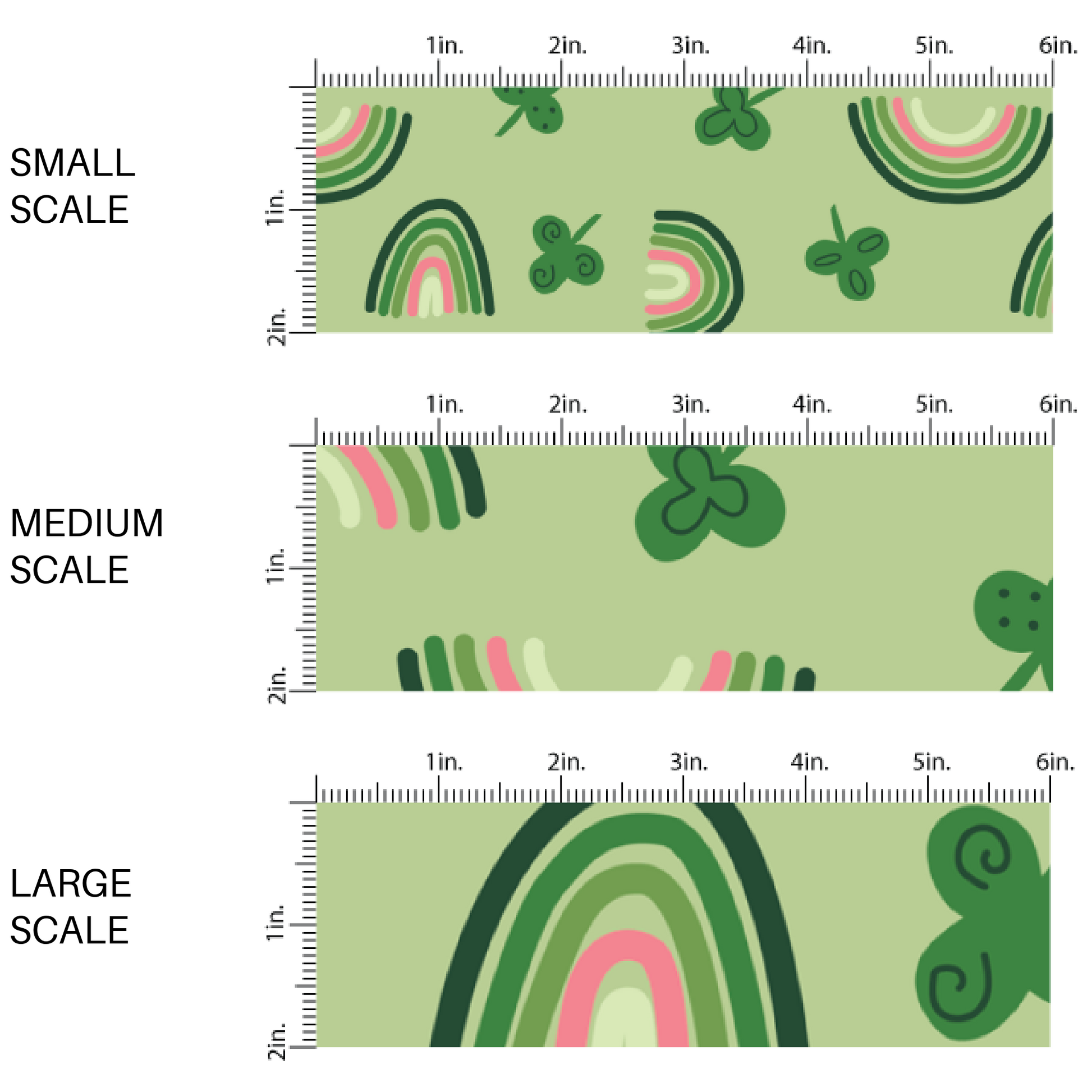 Green St. Patrick's Day themed fabric by the yard Scaled image guide with rainbows and clovers 