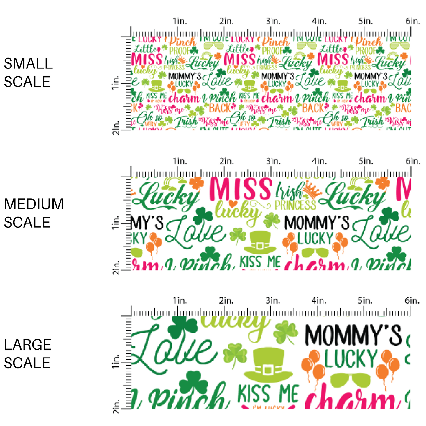Colorful "irish princess, kiss me, i'm lucky, oh so very lucky, pinch proof" sayings on fabric by the yard scaled image guide