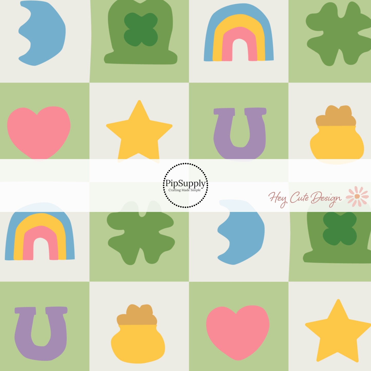 Green Checkered fabric by the yard pattern with shamrocks, star, and. pots of gold