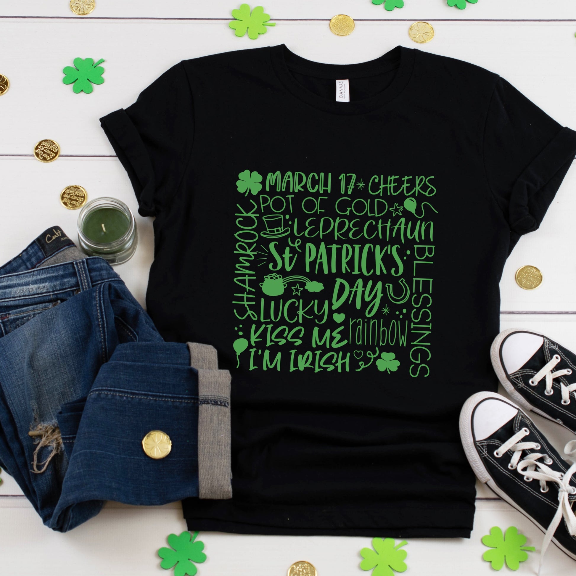 Green St. Patrick's Day Iron-On-Heat Transfers with clovers, rainbows, and pots of gold