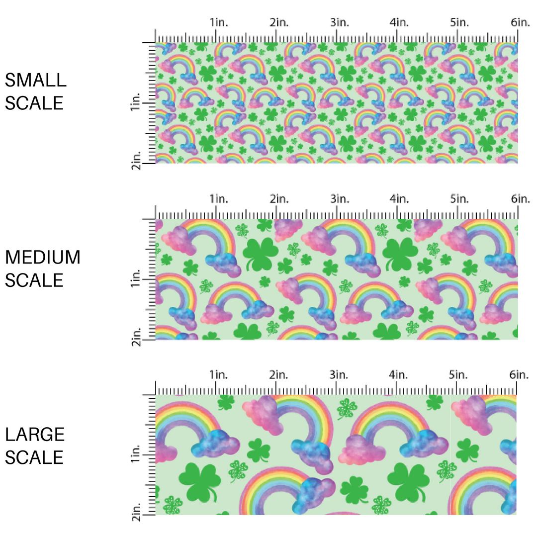 green fabric by the yard scaled image guide with green clovers, and watercolor rainbows