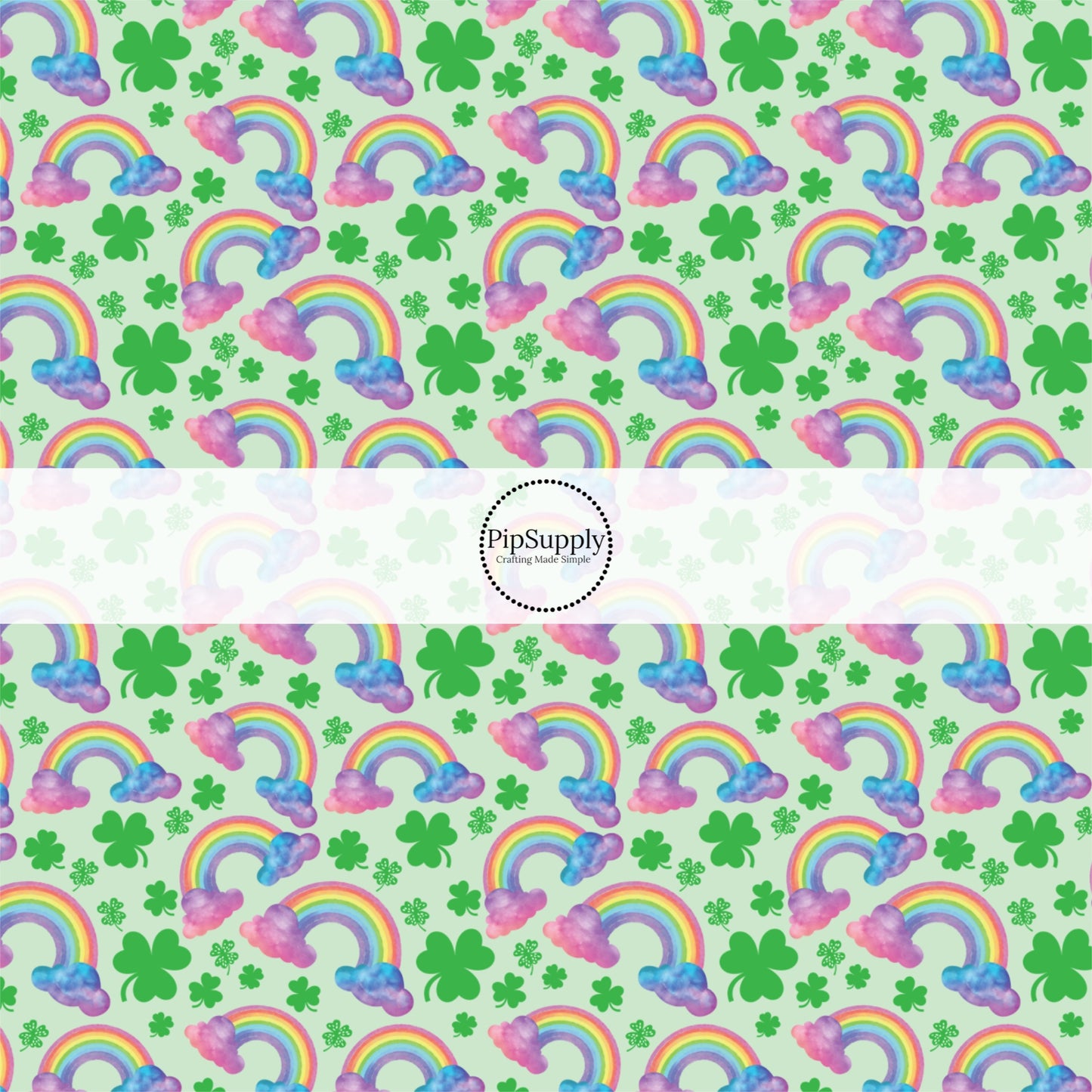 green fabric by the yard with green clovers, and watercolor rainbows