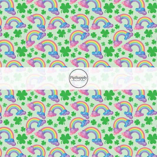 green fabric by the yard with green clovers, and watercolor rainbows