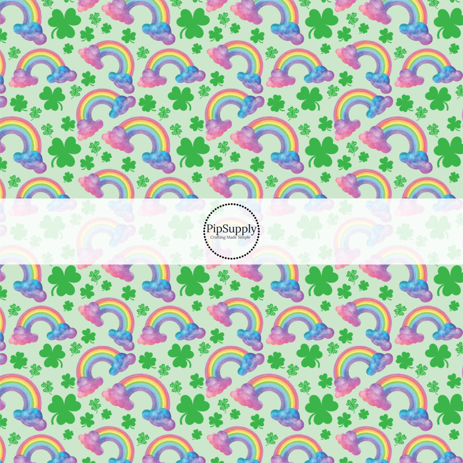 green fabric by the yard with green clovers, and watercolor rainbows