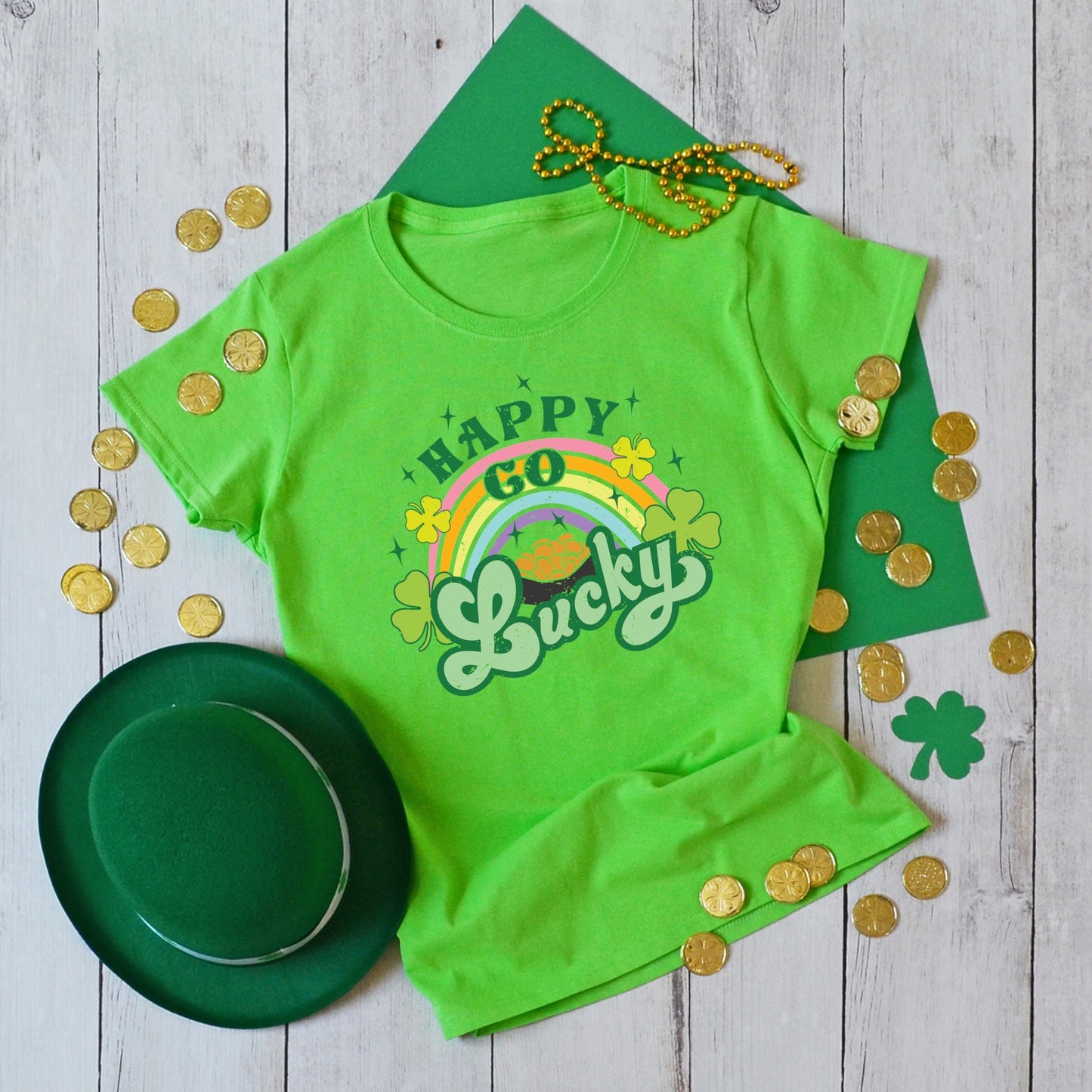 Green T-Shirt with the phrase "Happy Go Lucky" Iron On Heat Transfer