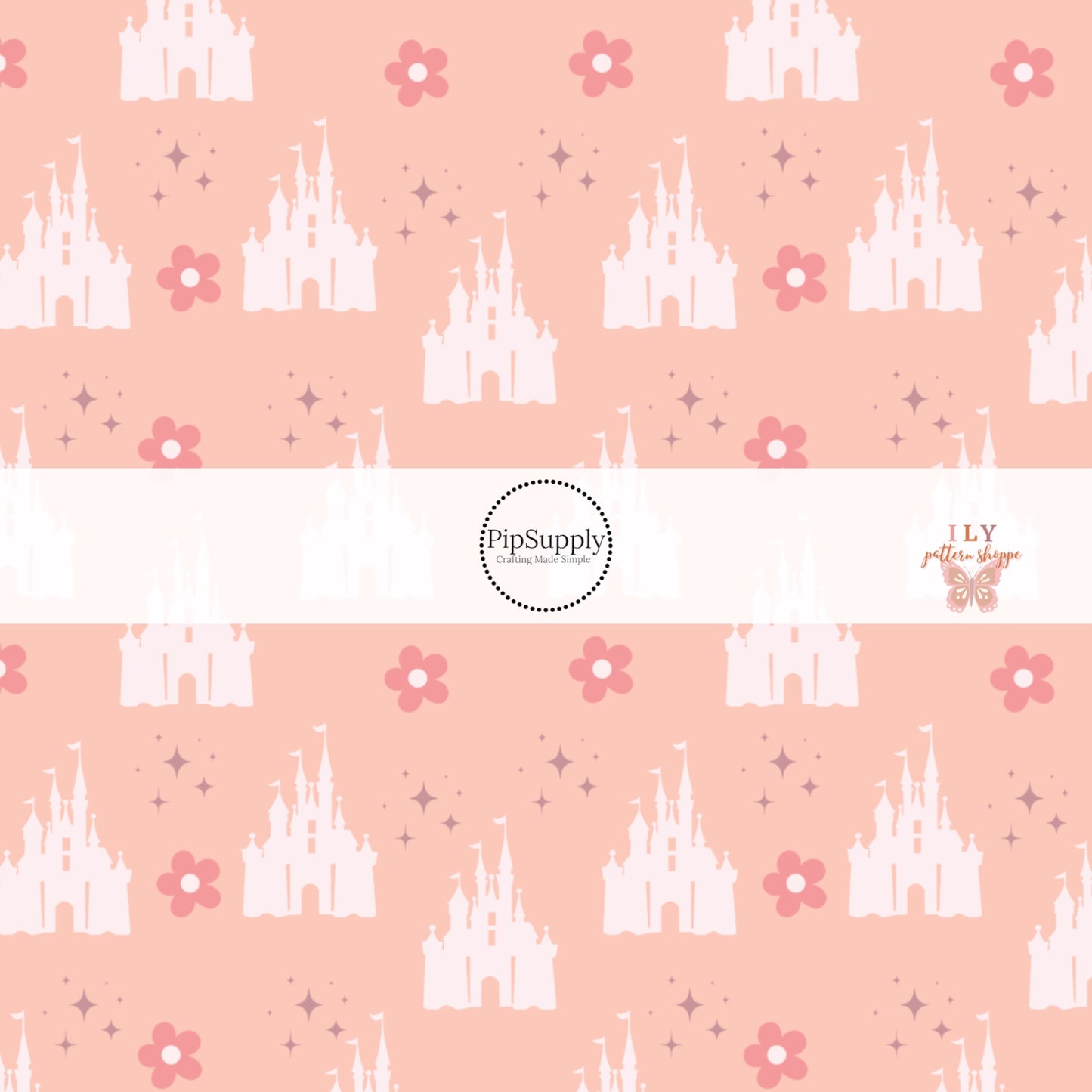 Pink flowers and dark pink sparkles with a light pink castle on a pink bow strip