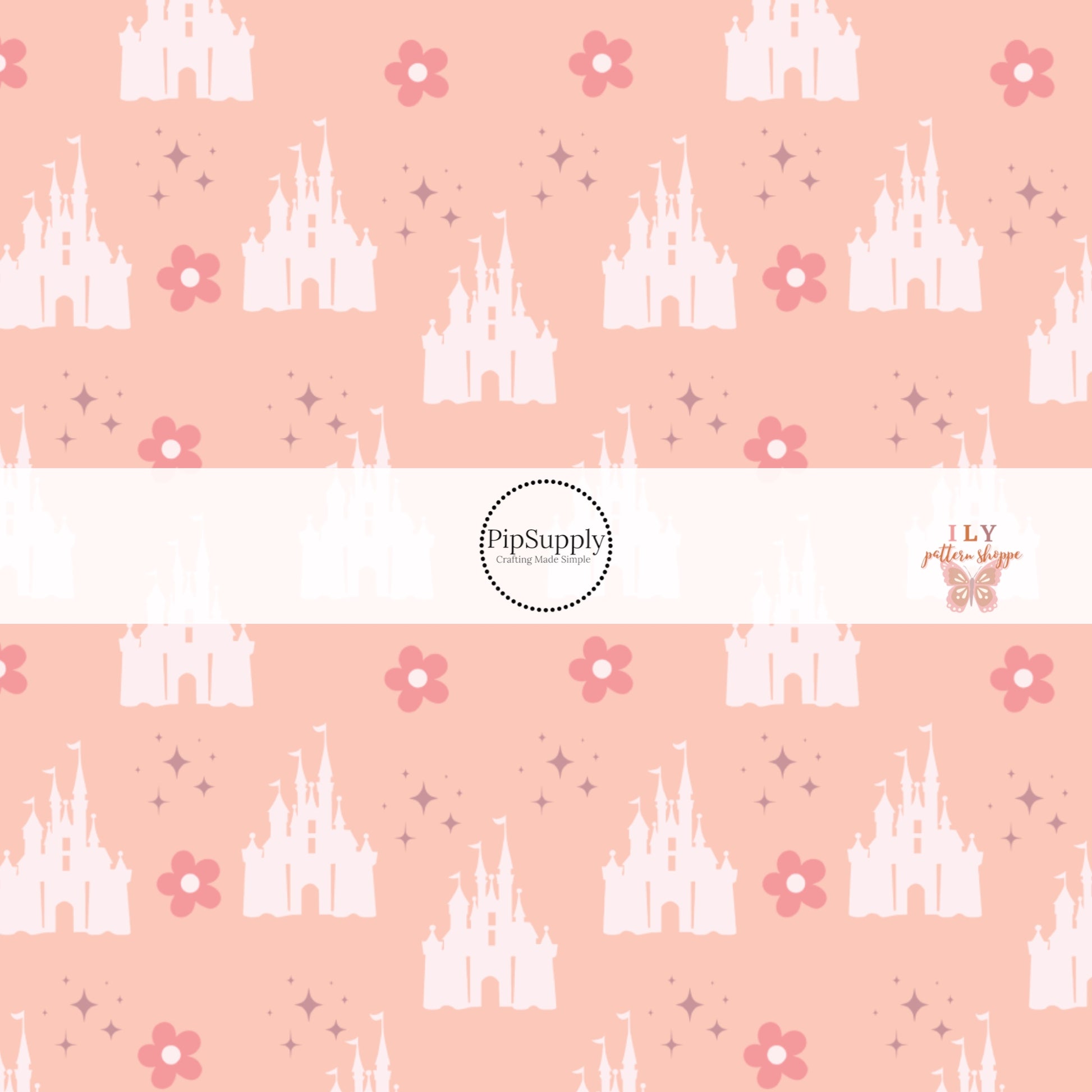 Pink flowers and dark pink sparkles with a light pink castle on a pink bow strip