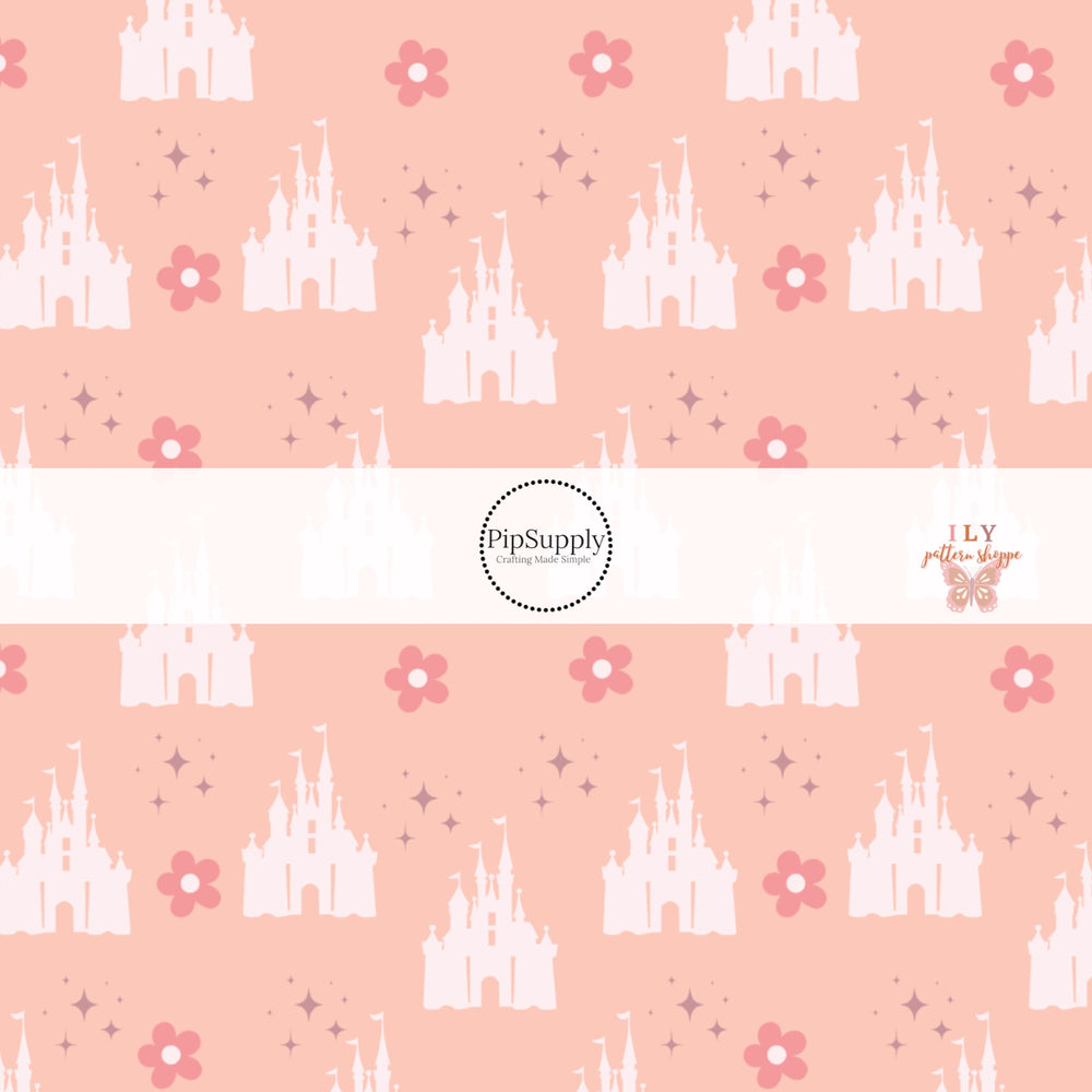 Pink flowers and dark pink sparkles with a light pink castle on a pink bow strip