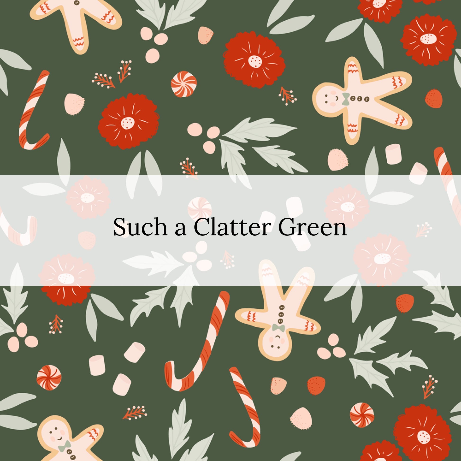 Green background with candy canes marshmallows and gingerbread men illustrations