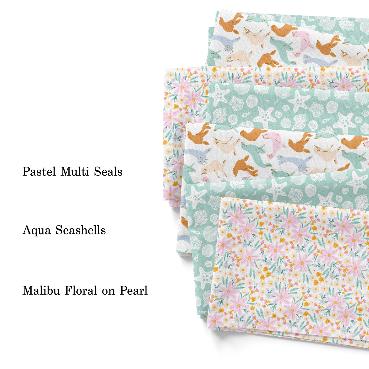 Indy Bloom summer fabric collection with floral, animal, and seashells patterns. 