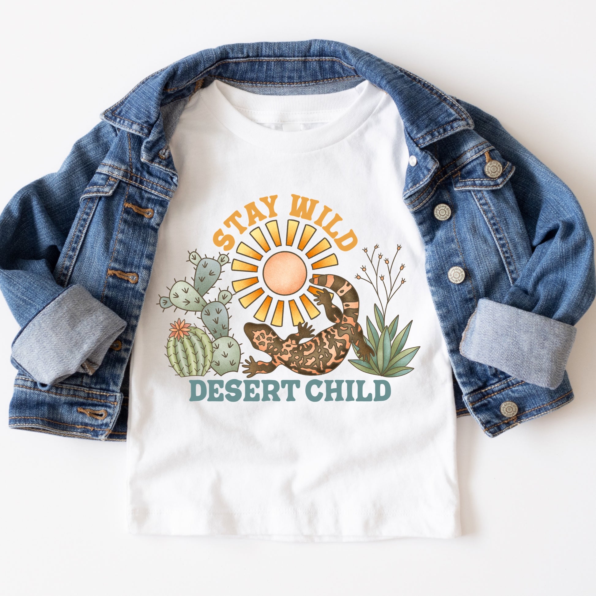 Desert Plants, Salamanders, Sun Rays, and the phrase "Stay Wild Desert Child" iron on heat transfer.