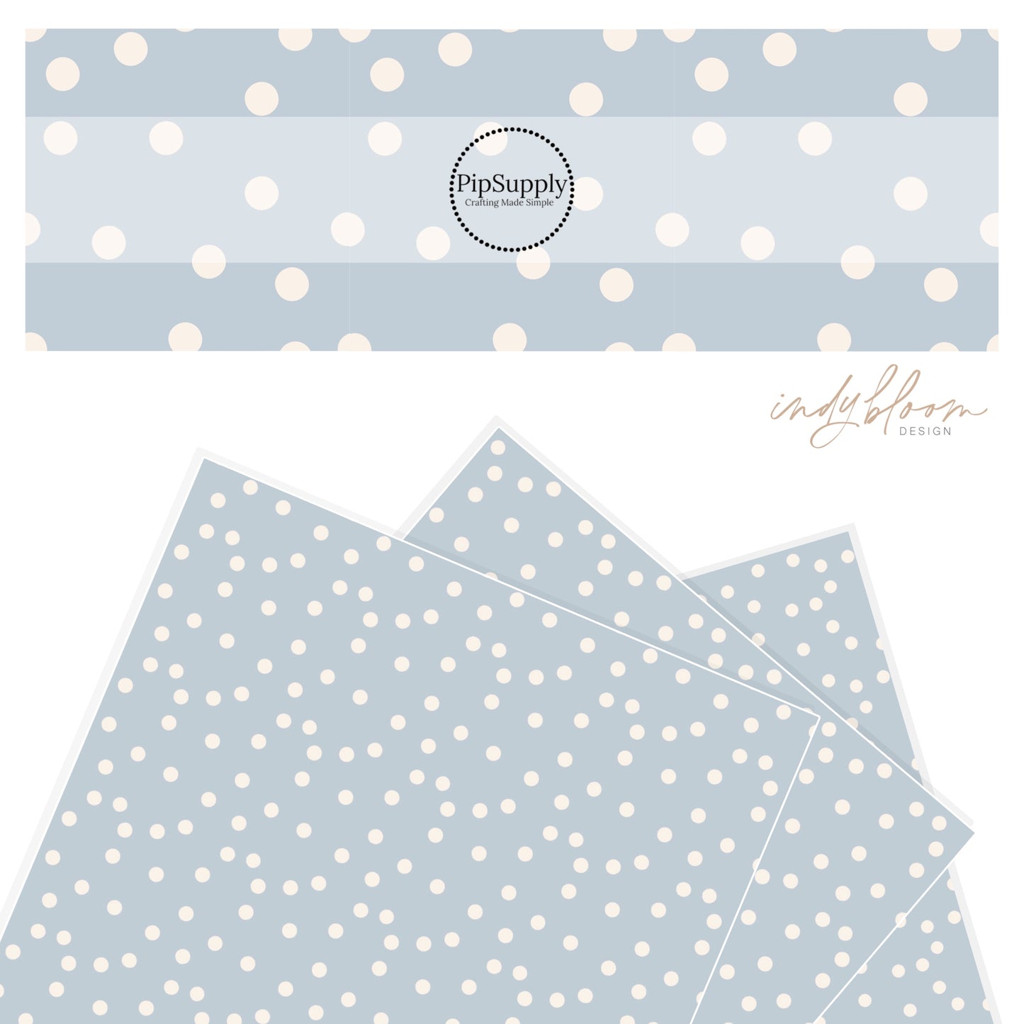 Cream dots on light blue faux leather sheet.
