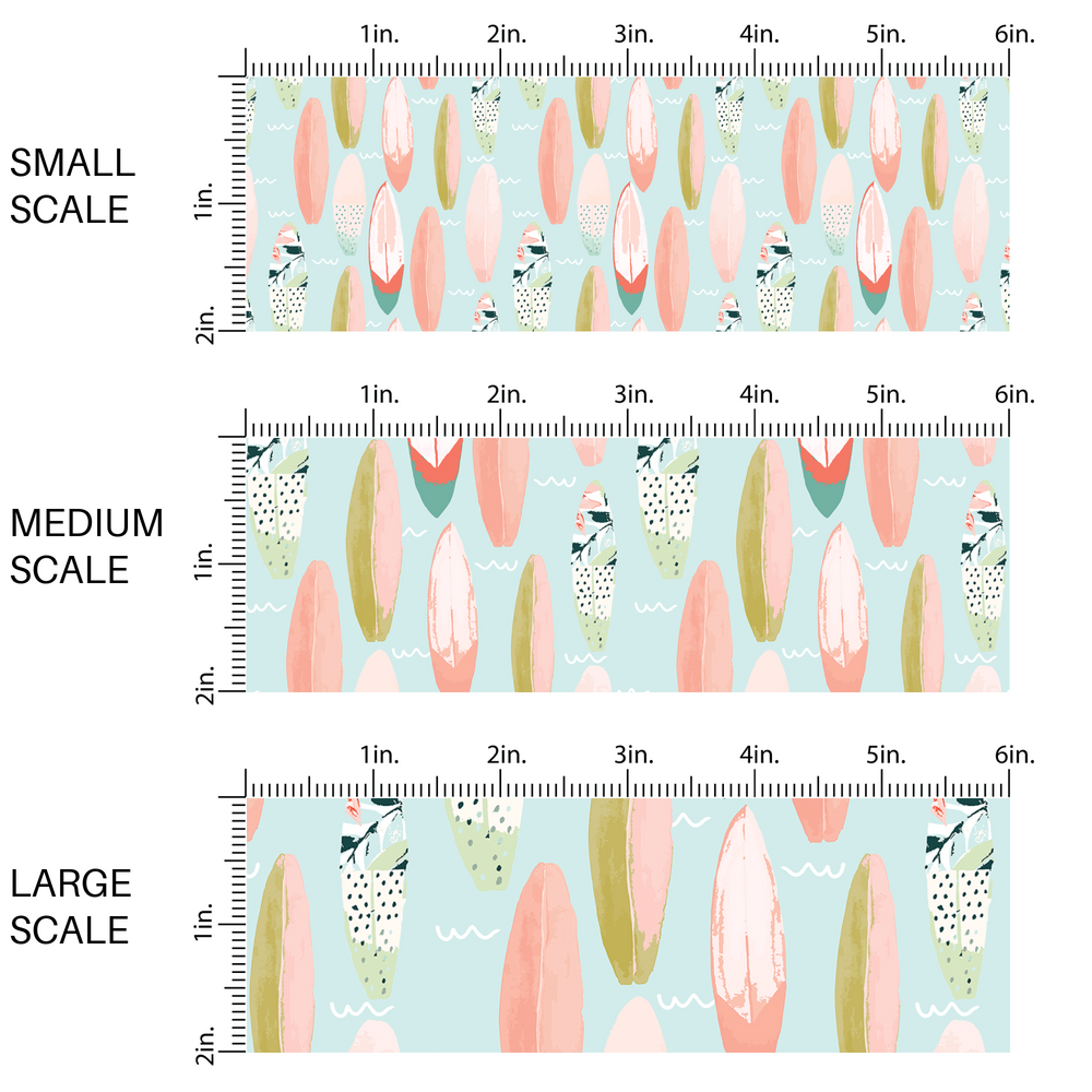 Multi-Colored surfboards on light blue fabric by the yard scaled image guide.