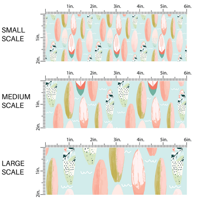 Multi-Colored surfboards on light blue fabric by the yard scaled image guide.
