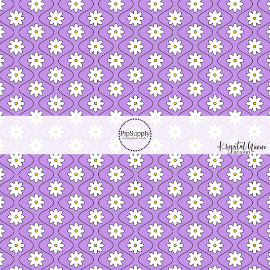 Vibrant lavender purple fabric by the yard with white daisies and thin black wavy lines.