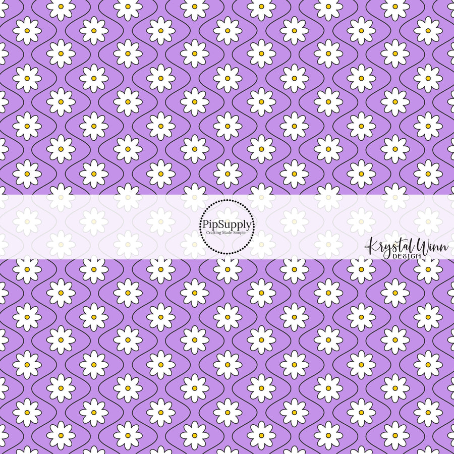 Vibrant lavender purple fabric by the yard with white daisies and thin black wavy lines.