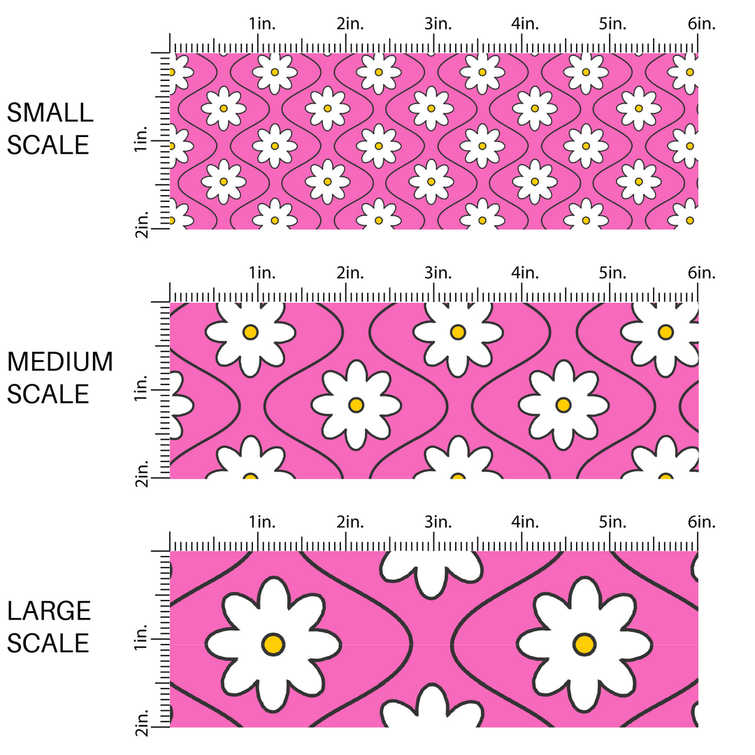 Hot pink fabric by the yard scaled image guide with white daisies and thin black wavy lines.