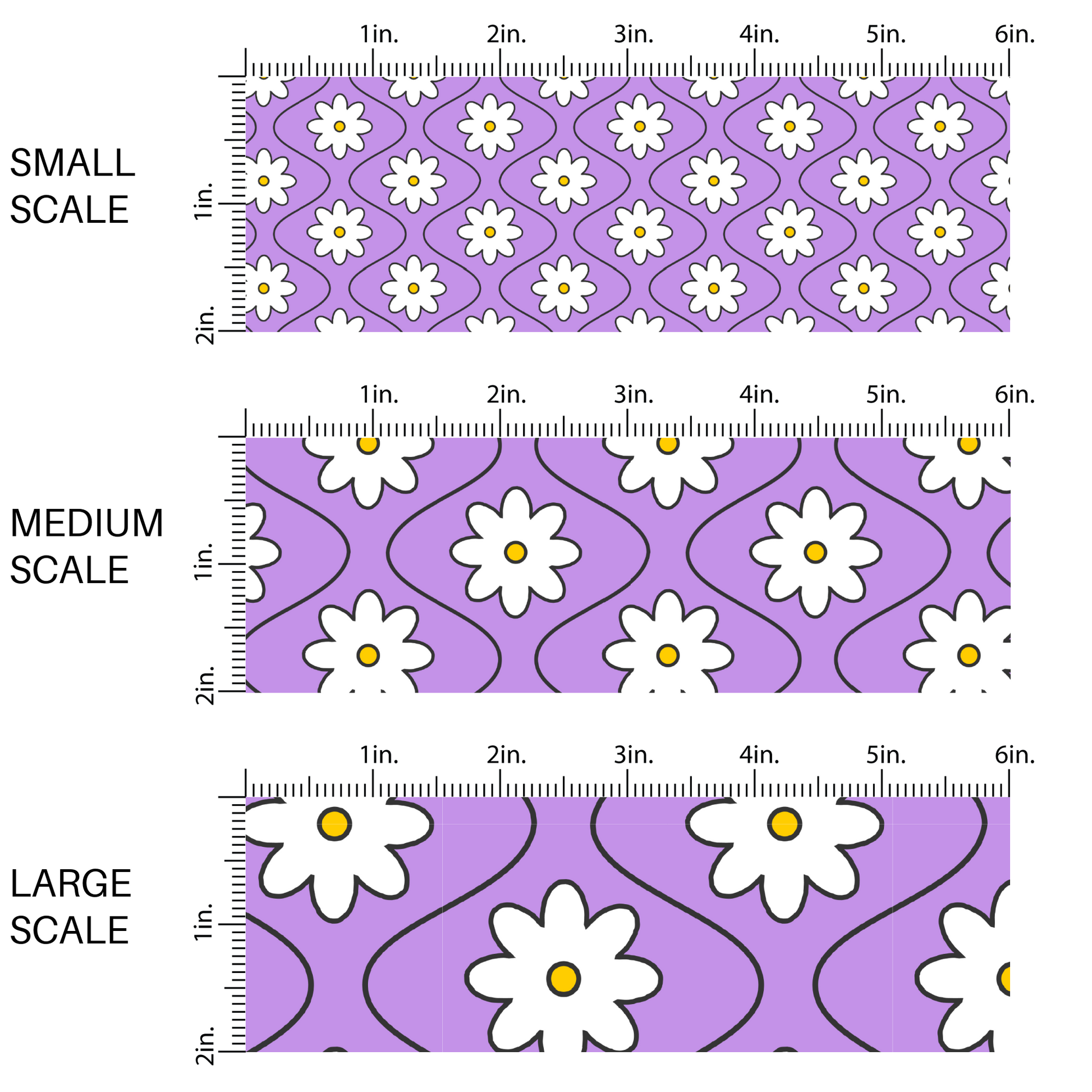 Vibrant lavender purple fabric by the yard scaled image guide with white daisies and thin black wavy lines.