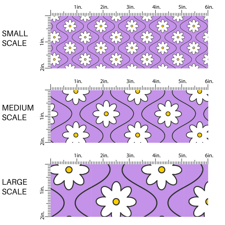 Vibrant lavender purple fabric by the yard scaled image guide with white daisies and thin black wavy lines.