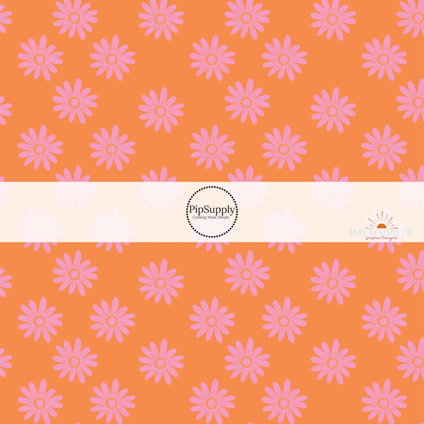 Vibrant orange fabric by the yard with pink scattered daises 