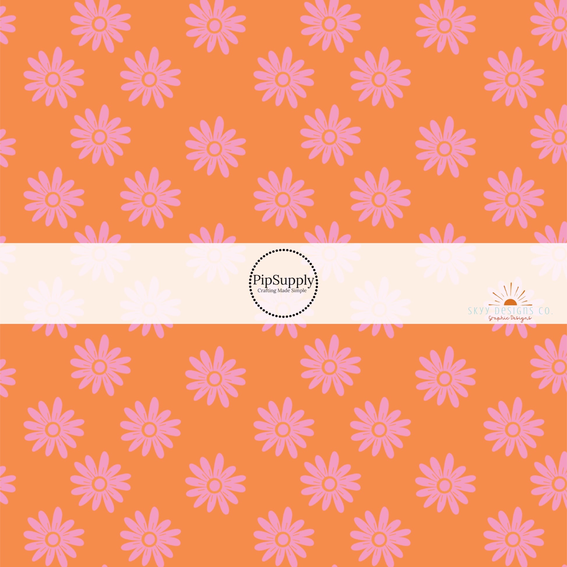 Vibrant orange fabric by the yard with pink scattered daises 