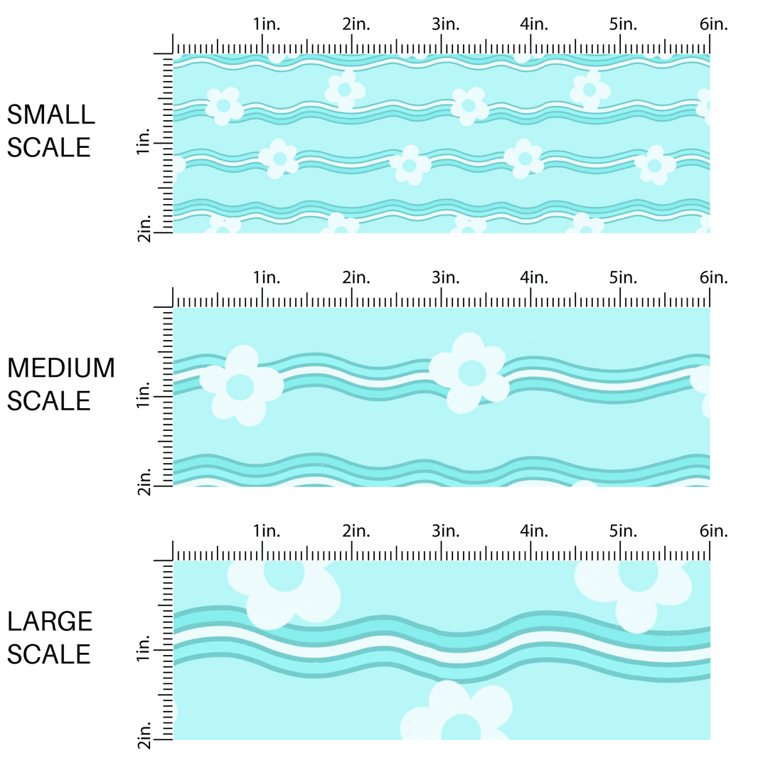 White scattered flowers on wavy blue fabric by the yard scaled image guide.