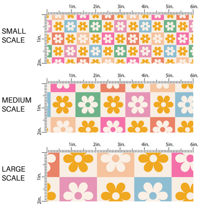Blue, pink, green, yellow, and orange multi floral checkered fabric by the yard scaled image guide.