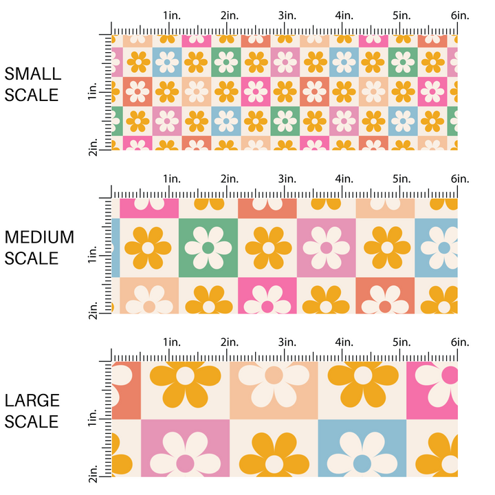 Blue, pink, green, yellow, and orange multi floral checkered fabric by the yard scaled image guide.