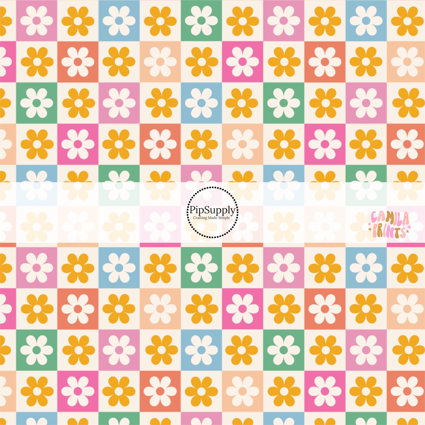 Blue, pink, green, yellow, and orange multi floral checkered fabric by the yard.