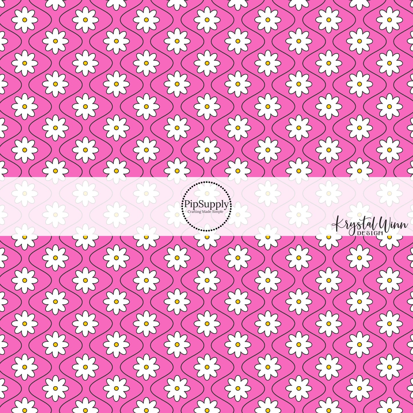 Hot pink fabric by the yard with white daisies and thin black wavy lines.