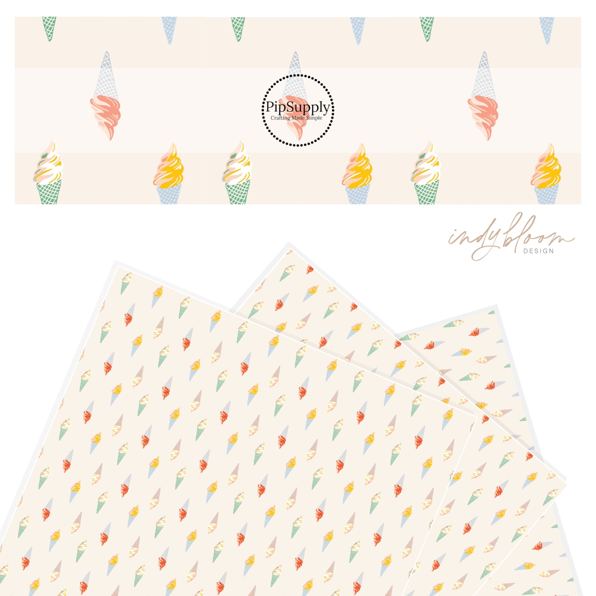 Ice cream swirls yellow, pink, and cream cone faux Leather sheet.